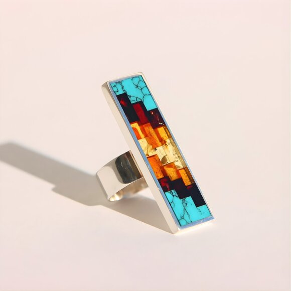 Turquoise and Baltic Amber Mosaic Ring- Sterling Silver -Adjustable Size - Picture 4 of 7